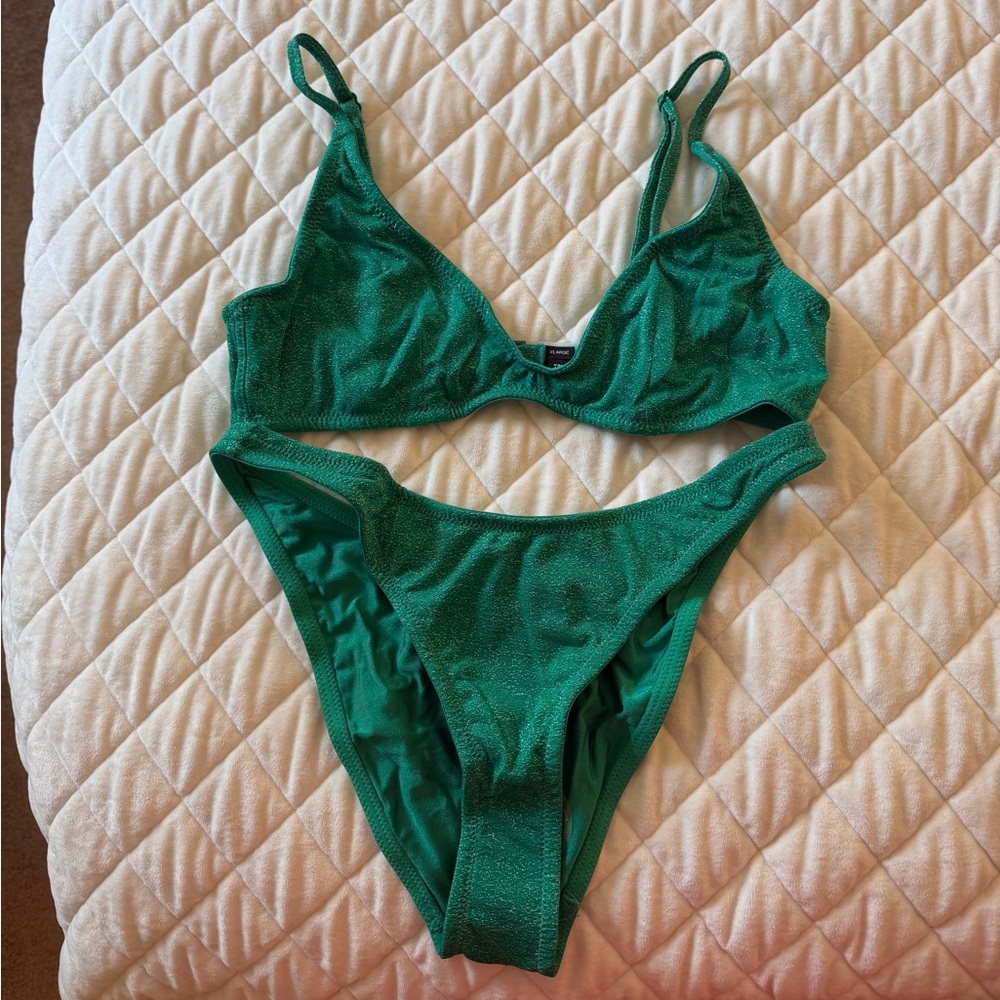 TRIANGL Green Women's Shimmery Bikini Set - Classic scoop Top & High-Cut Bottoms